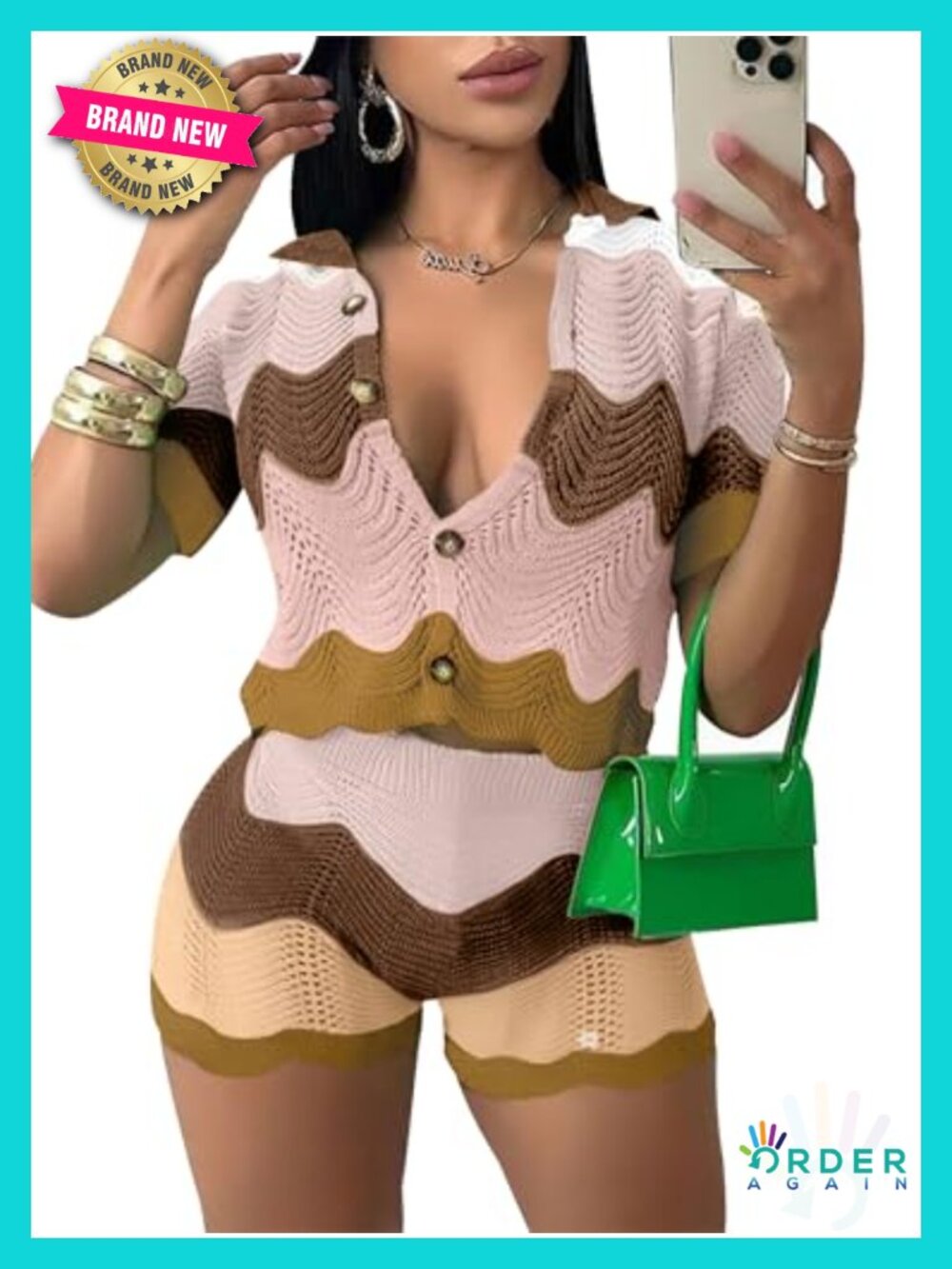2 Piece Knit Short Sets V Neck Striped Hollow Out Going Out Outfits